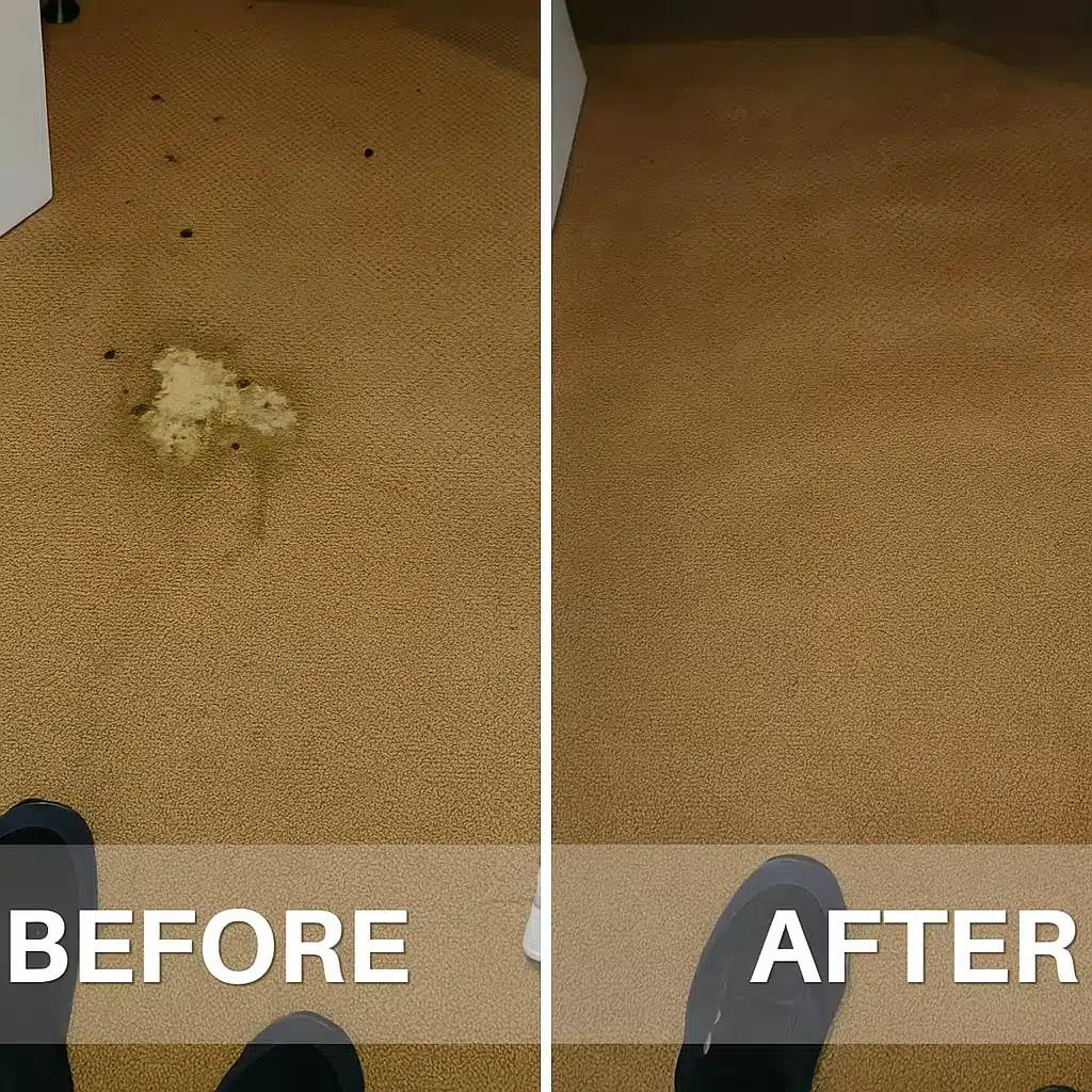 Before and after carpet cleaning showing a large spot stain fully removed from a beige carpet