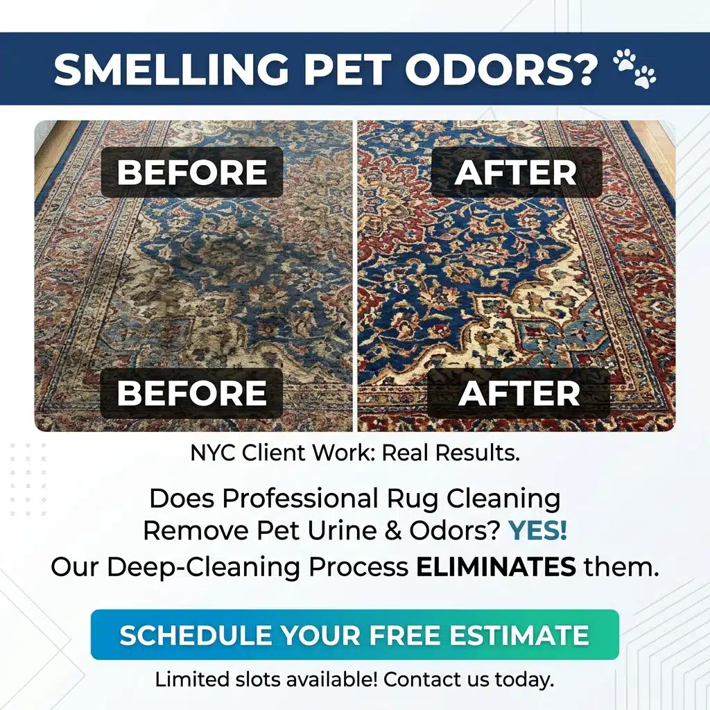 Professional rug cleaning service removing pet urine stains and odor from a rug in NYC home