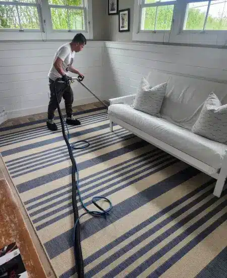 Technician cleaning a striped area rug in a home living room